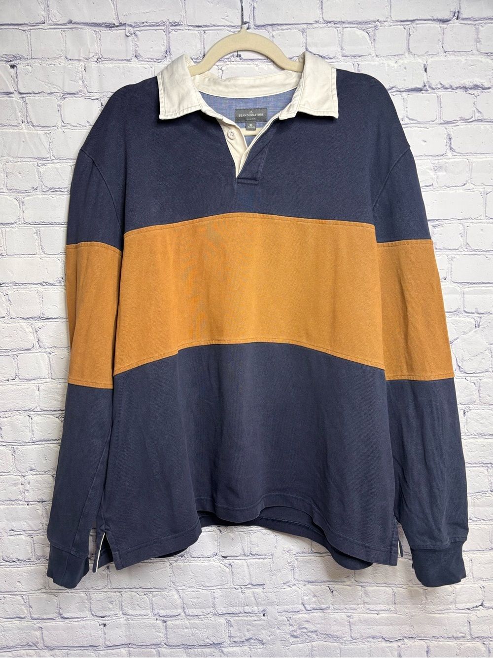 Vintage LL Bean Navy Gold Long Sleeve Classic Preppy Collegiate Rugby Shirt XL